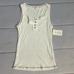 The perfect basic! Off-white, tan stitch. Size: S. La Miel by Hyped Unicorn tank